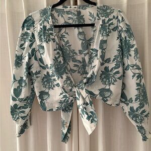 Abercrombie & Fitch Floral Tie-Front Blouse - Teal and White